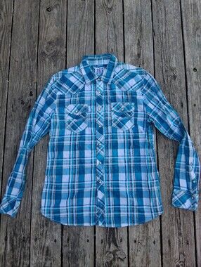 BKE Vintage Pearl Snap Flannel Blue Cotton Large